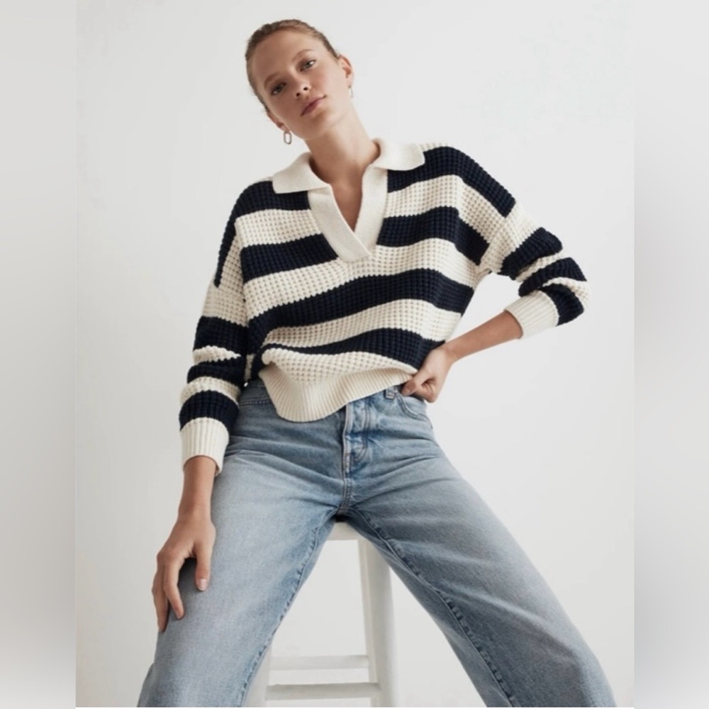 Madewell V-Neck Waffle-Knit Henley Sweater in Black and Antique Cream Stripes L